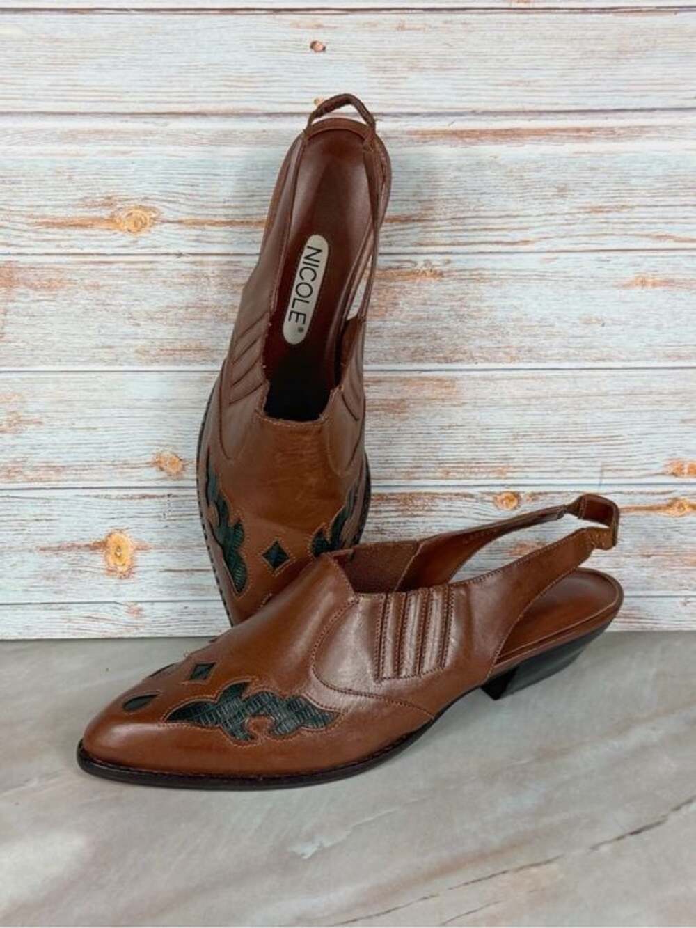 Nicole Laredo Slingback Western Low Block Heel Booties Brown
